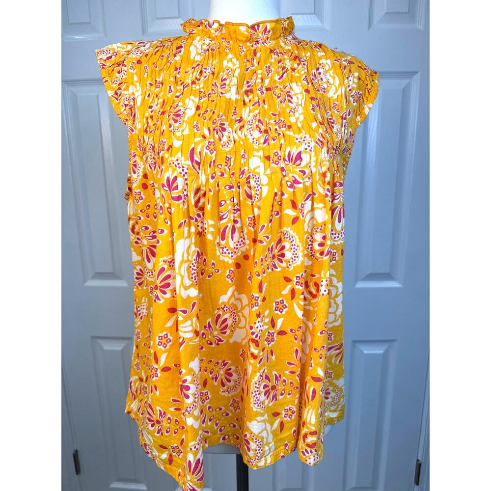THML Floral Boho Blouse M Yellow Pink Sleeveless Flowy Top EUC - Picture 2 of 7